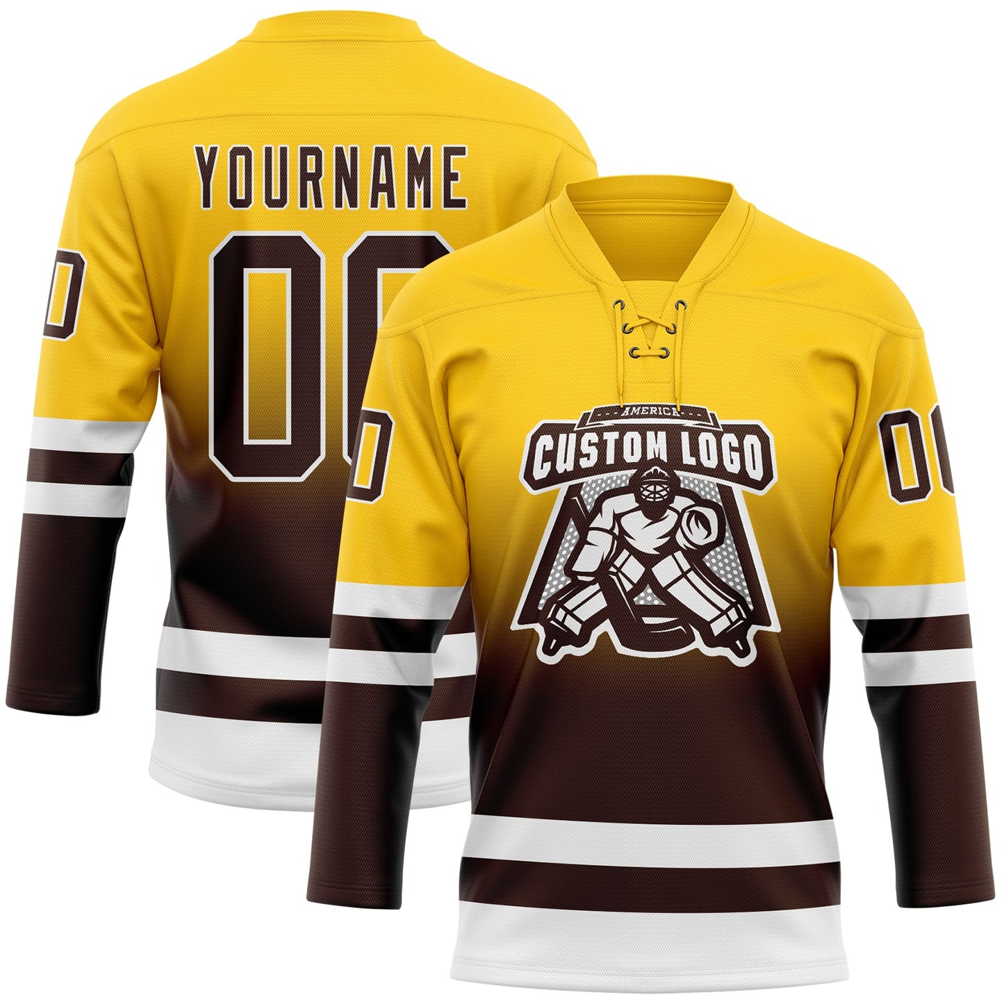 Custom Yellow Brown-White Fade Fashion Hockey Lace Neck Jersey view 2