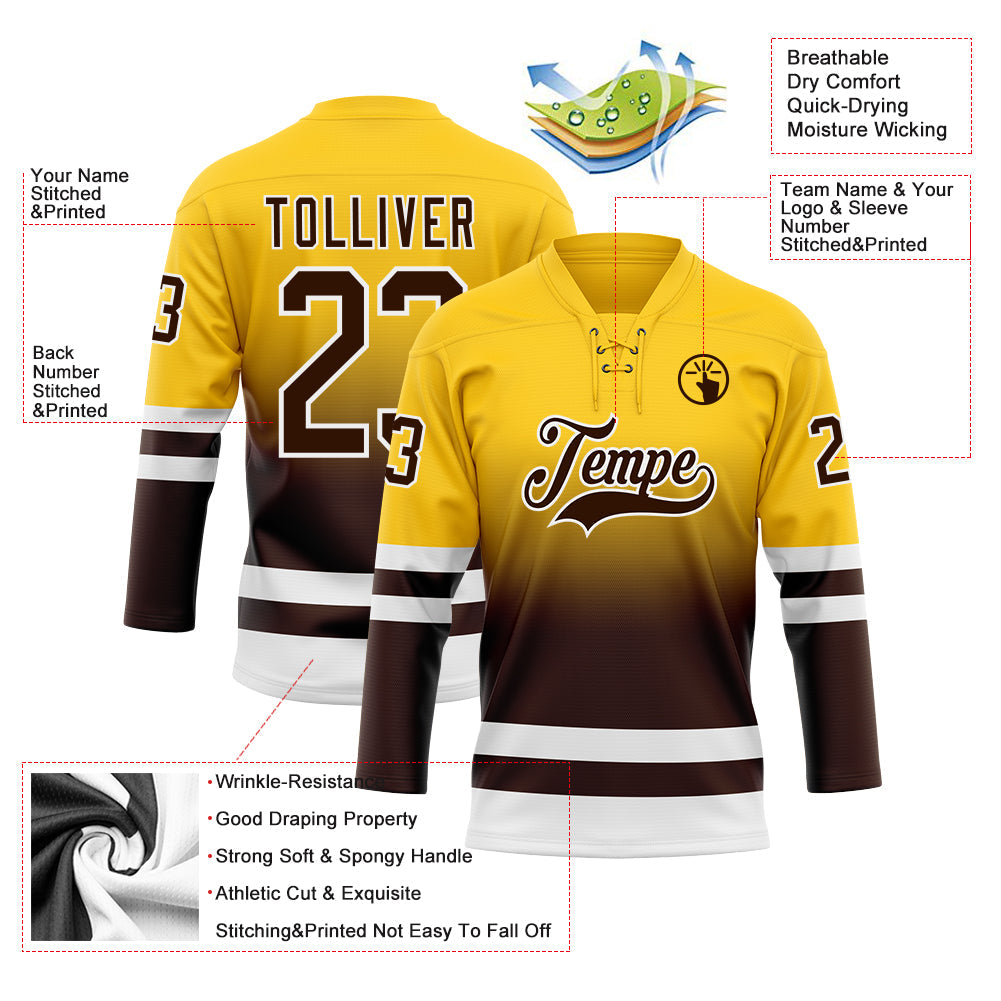 Custom Yellow Brown-White Fade Fashion Hockey Lace Neck Jersey view 5