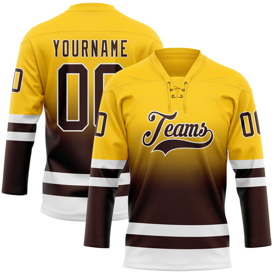 Custom Yellow Brown-White Fade Fashion Hockey Lace Neck Jersey - Main View