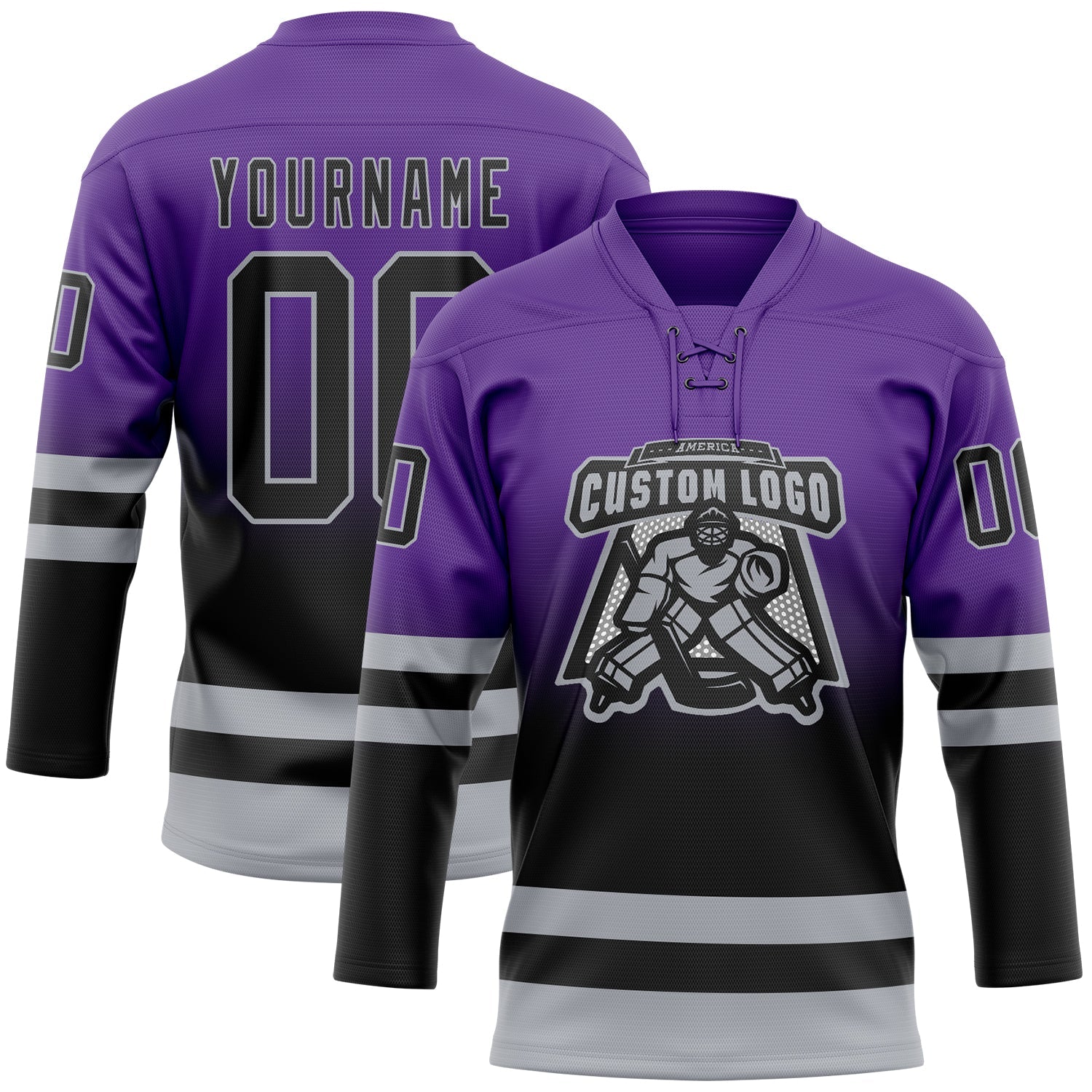 Custom Purple Black-Gray Fade Fashion Hockey Lace Neck Jersey view 2