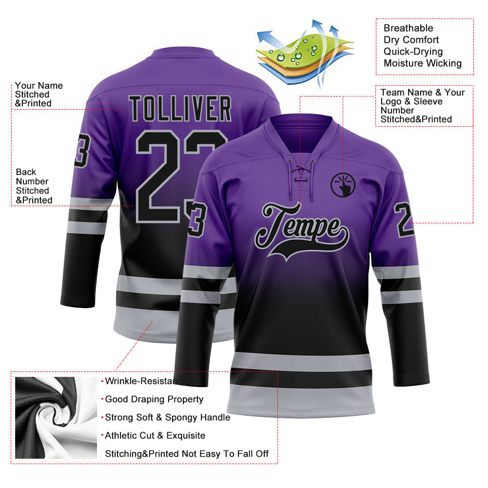 Custom Purple Black-Gray Fade Fashion Hockey Lace Neck Jersey view 5