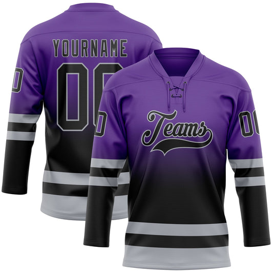 Custom Purple Black-Gray Fade Fashion Hockey Lace Neck Jersey - Main View