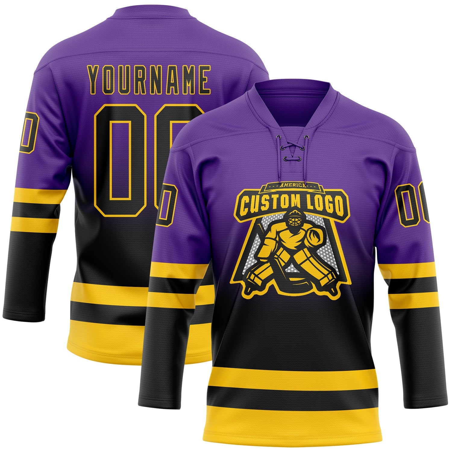 Custom Purple Black-Yellow Fade Fashion Hockey Lace Neck Jersey view 2