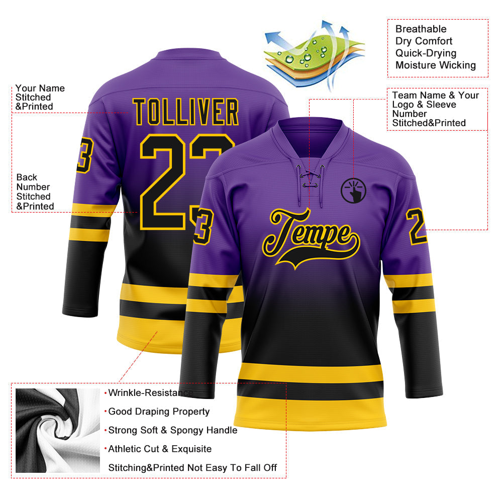 Custom Purple Black-Yellow Fade Fashion Hockey Lace Neck Jersey view 5