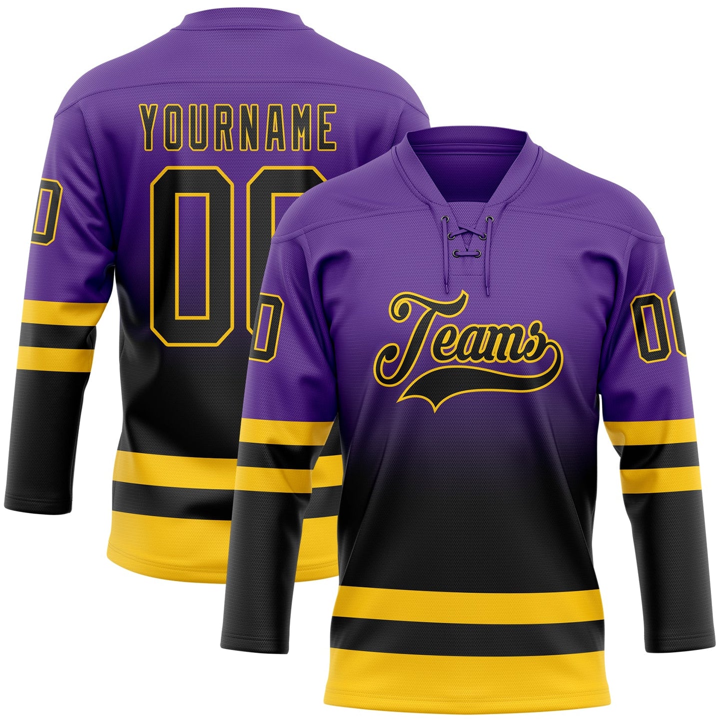 Custom Purple Black-Yellow Fade Fashion Hockey Lace Neck Jersey - Main View