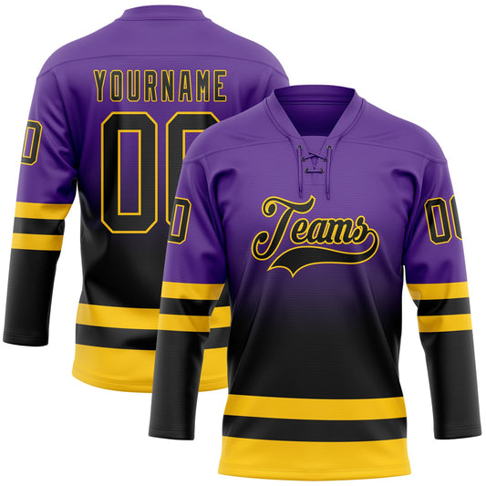 Custom Purple Black-Yellow Fade Fashion Hockey Lace Neck Jersey - Main View