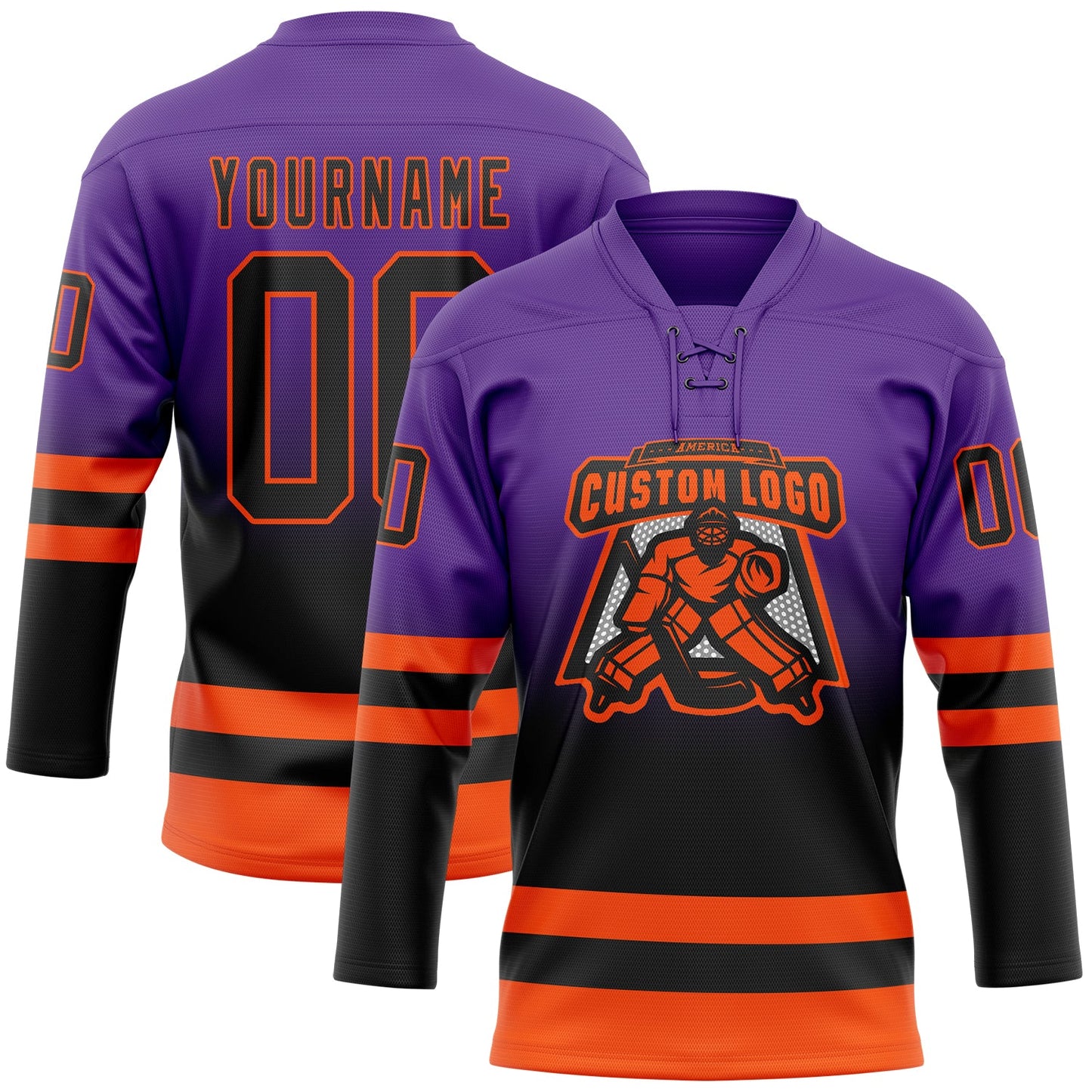 Custom Purple Black-Orange Fade Fashion Hockey Lace Neck Jersey view 2