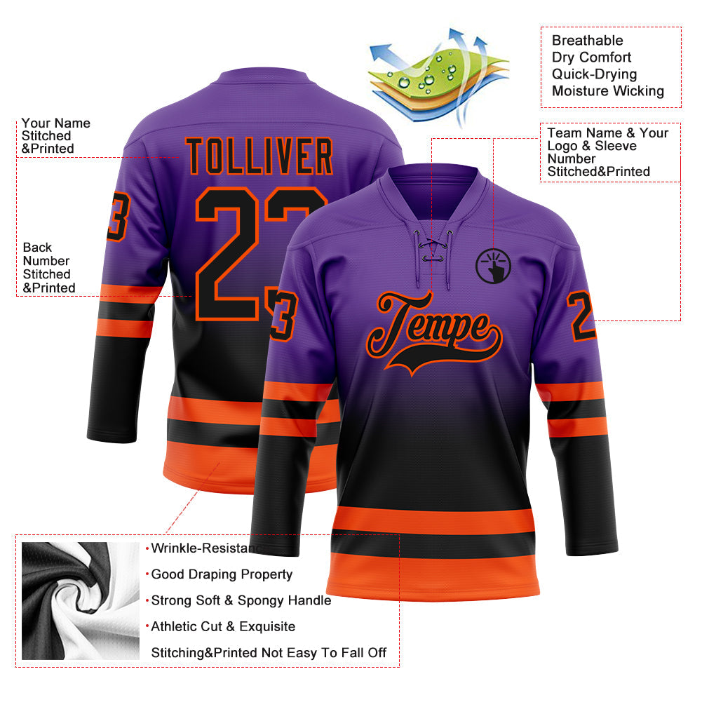 Custom Purple Black-Orange Fade Fashion Hockey Lace Neck Jersey view 5