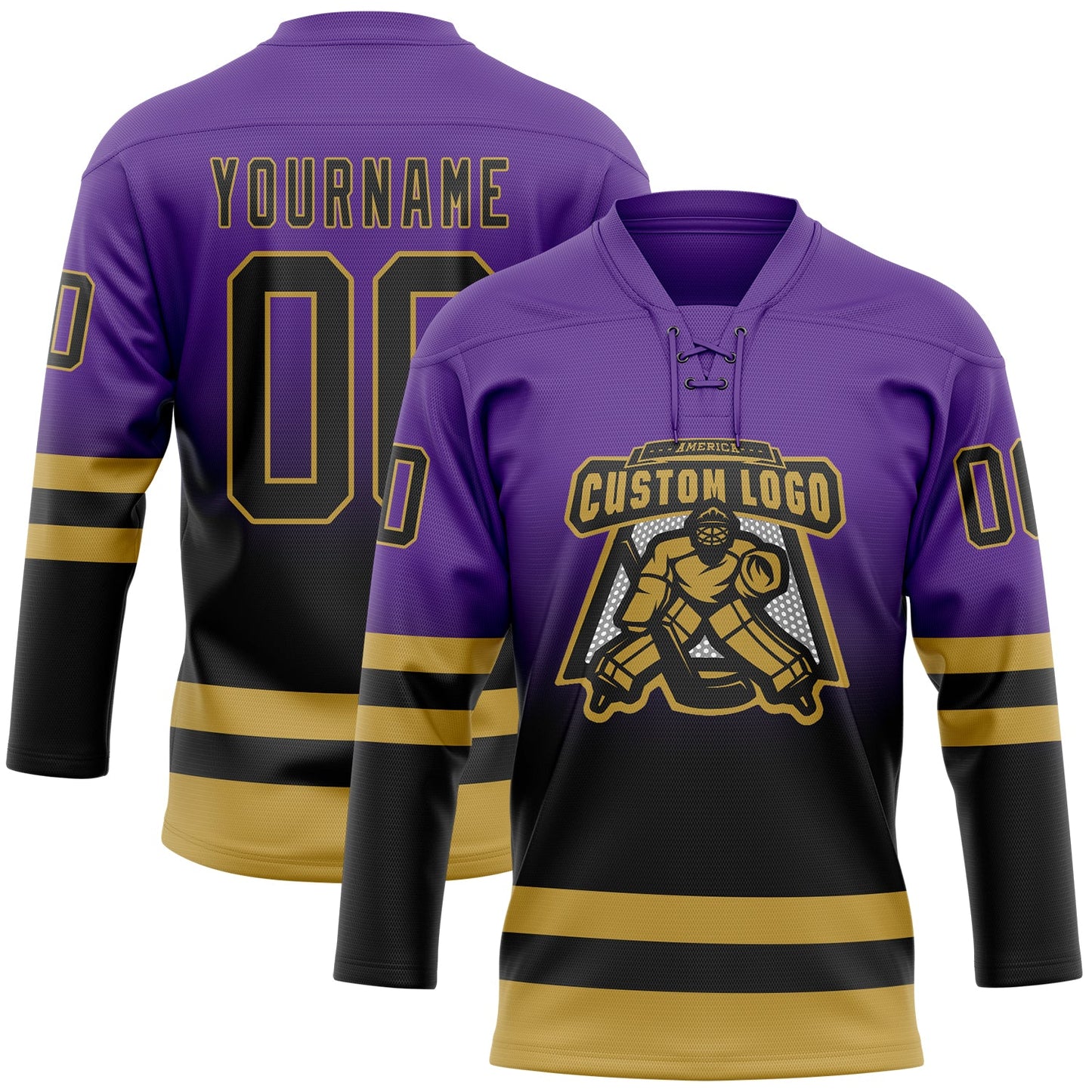 Custom Purple Black-Old Gold Fade Fashion Hockey Lace Neck Jersey view 2