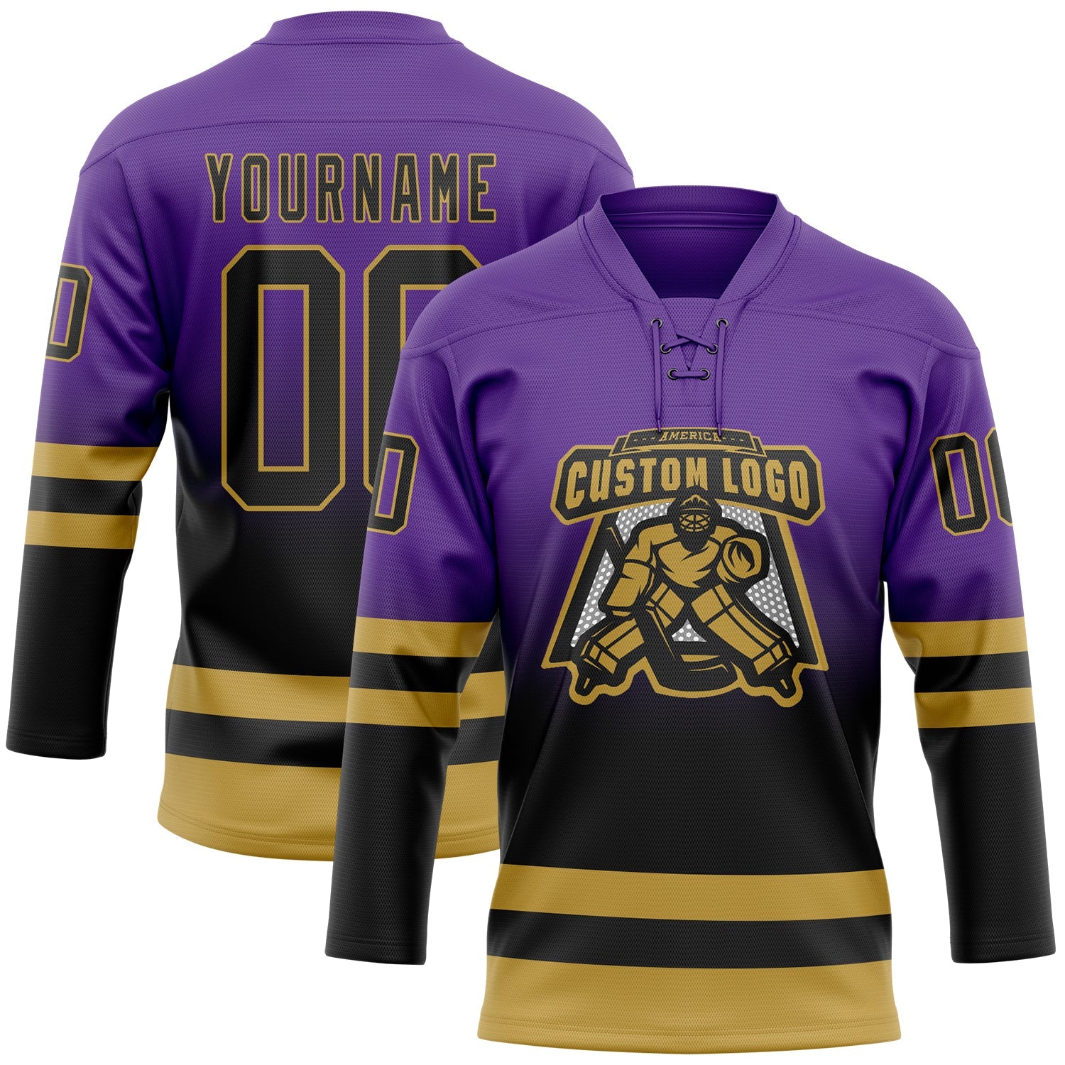 Custom Purple Black-Old Gold Fade Fashion Hockey Lace Neck Jersey view 2