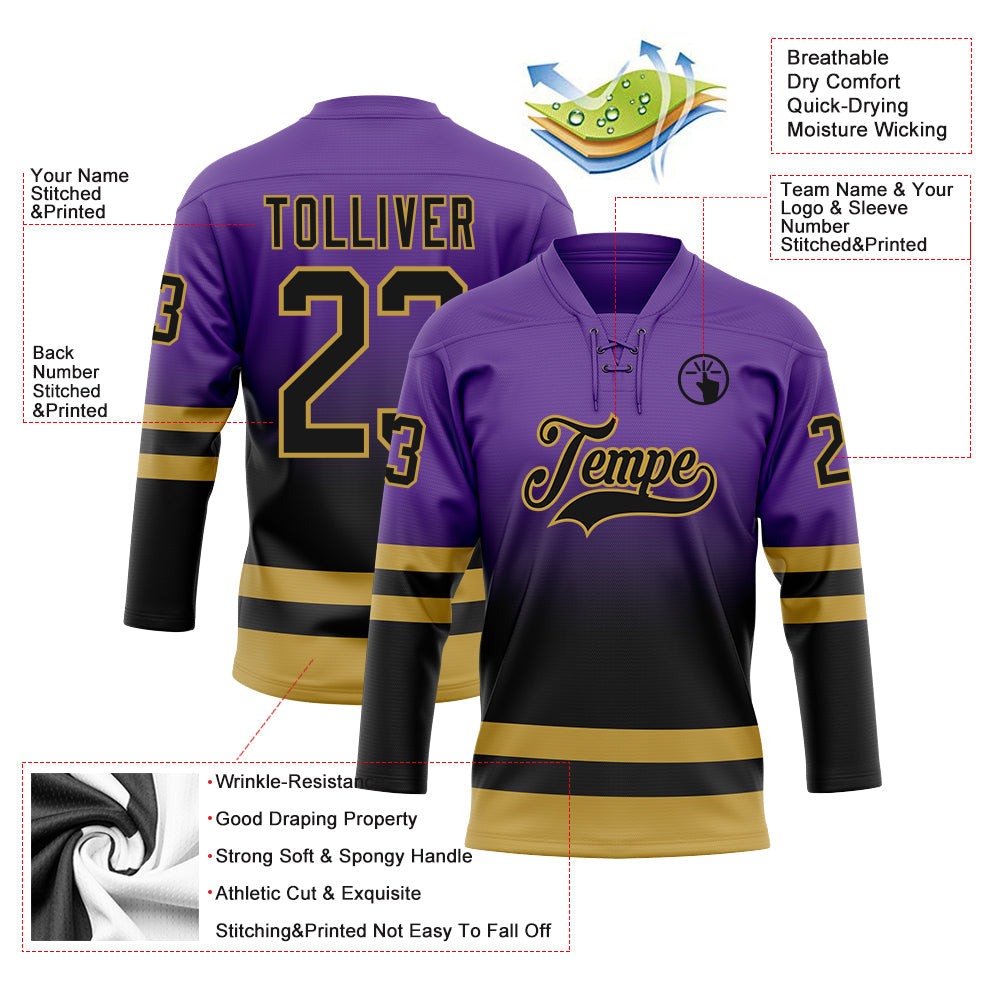 Custom Purple Black-Old Gold Fade Fashion Hockey Lace Neck Jersey view 5