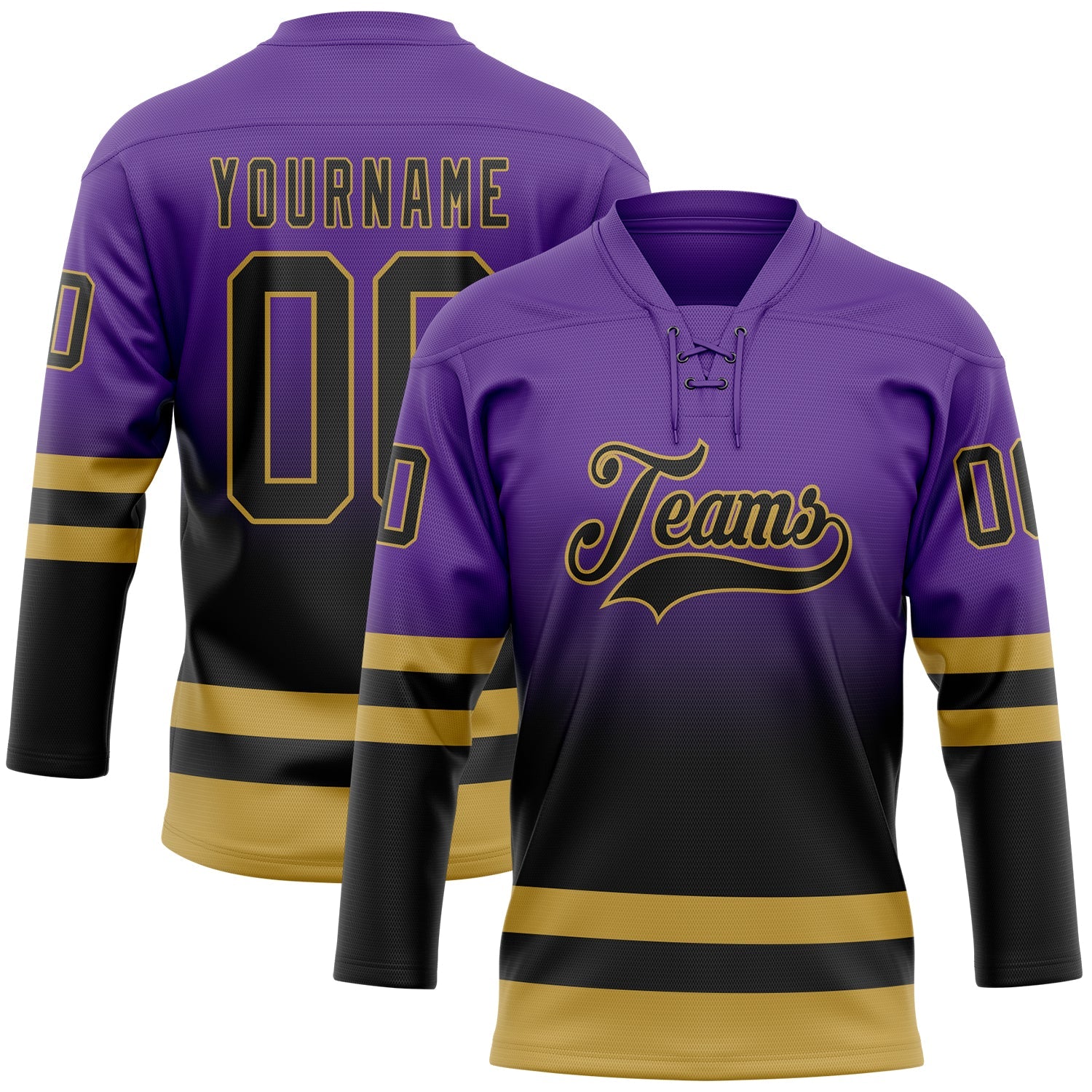 Custom Purple Black-Old Gold Fade Fashion Hockey Lace Neck Jersey - Main View