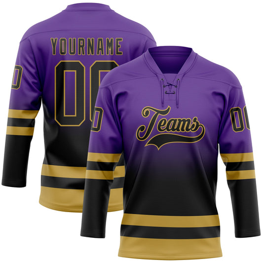 Custom Purple Black-Old Gold Fade Fashion Hockey Lace Neck Jersey - Main View