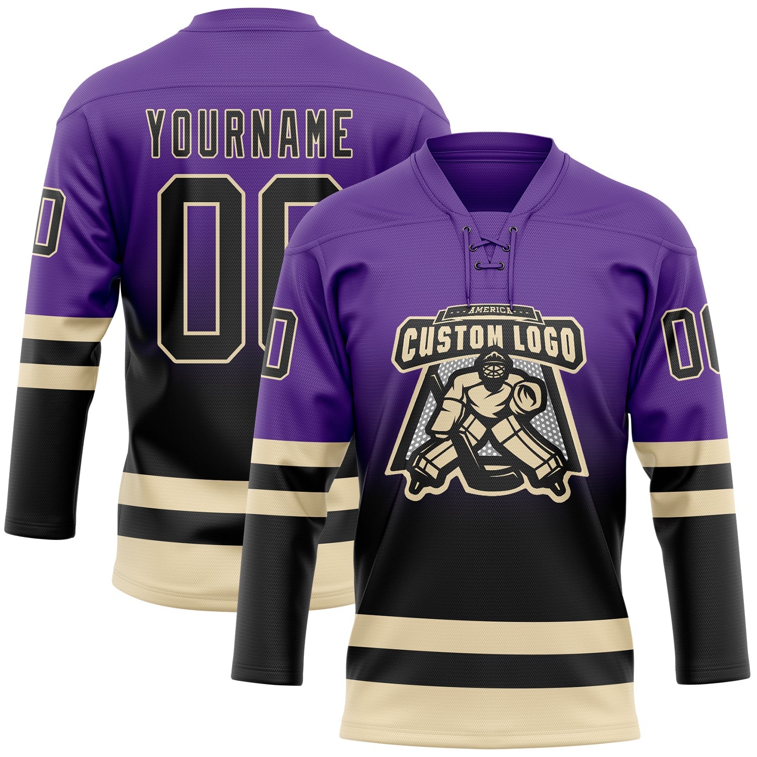 Custom Purple Black-Cream Fade Fashion Hockey Lace Neck Jersey view 2
