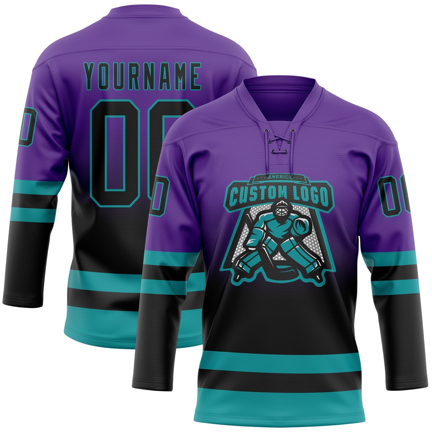 Custom Purple Black-Teal Fade Fashion Hockey Lace Neck Jersey view 2