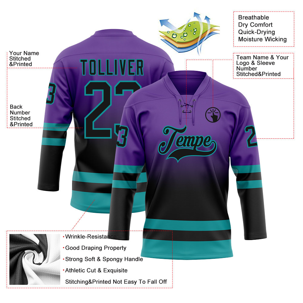 Custom Purple Black-Teal Fade Fashion Hockey Lace Neck Jersey view 5