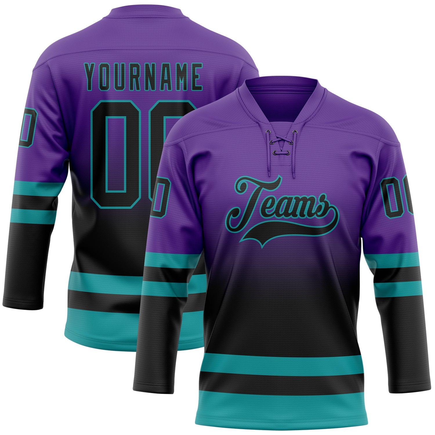 Custom Purple Black-Teal Fade Fashion Hockey Lace Neck Jersey - Main View