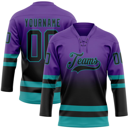 Custom Purple Black-Teal Fade Fashion Hockey Lace Neck Jersey - Main View