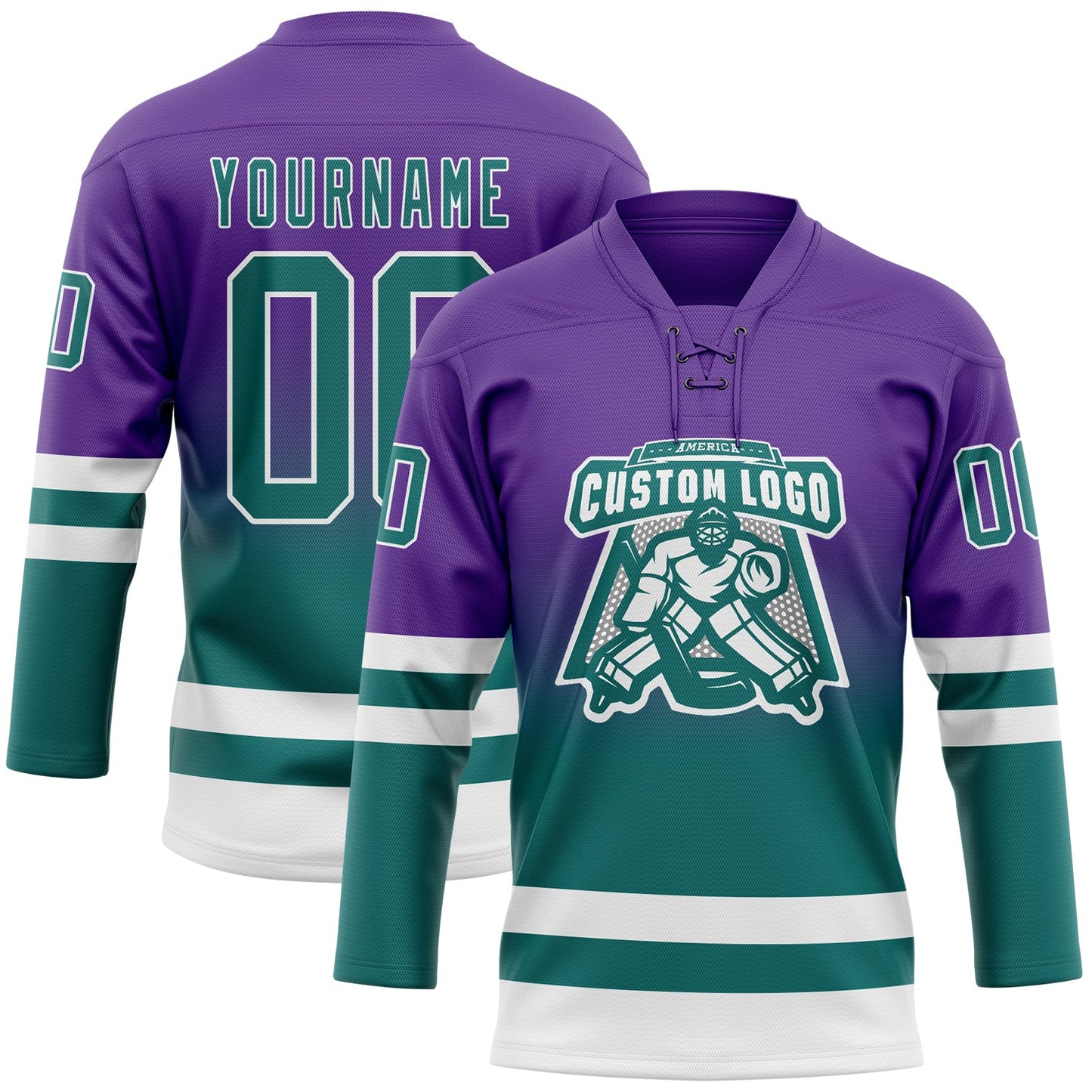 Custom Purple Teal-White Fade Fashion Hockey Lace Neck Jersey view 2