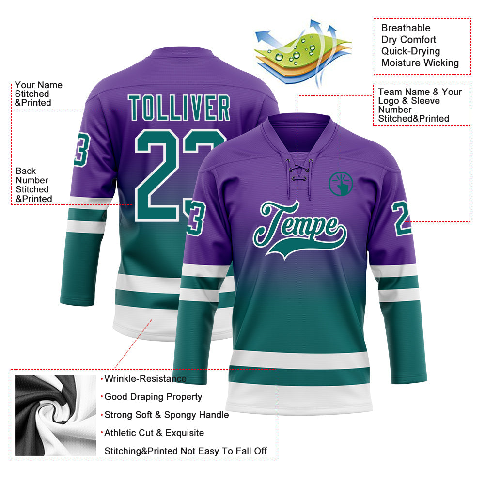 Custom Purple Teal-White Fade Fashion Hockey Lace Neck Jersey view 5