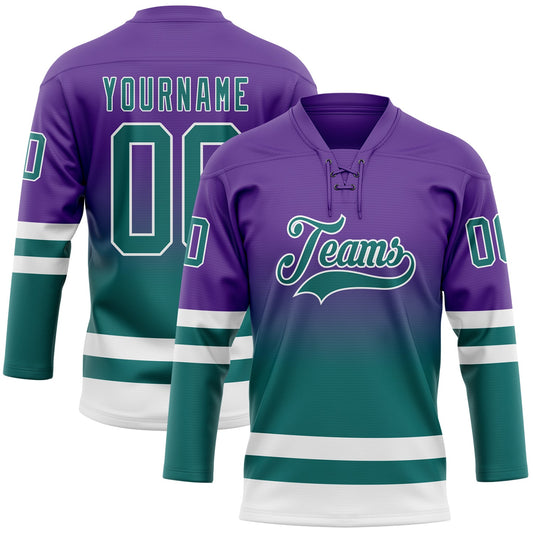 Custom Purple Teal-White Fade Fashion Hockey Lace Neck Jersey - Main View