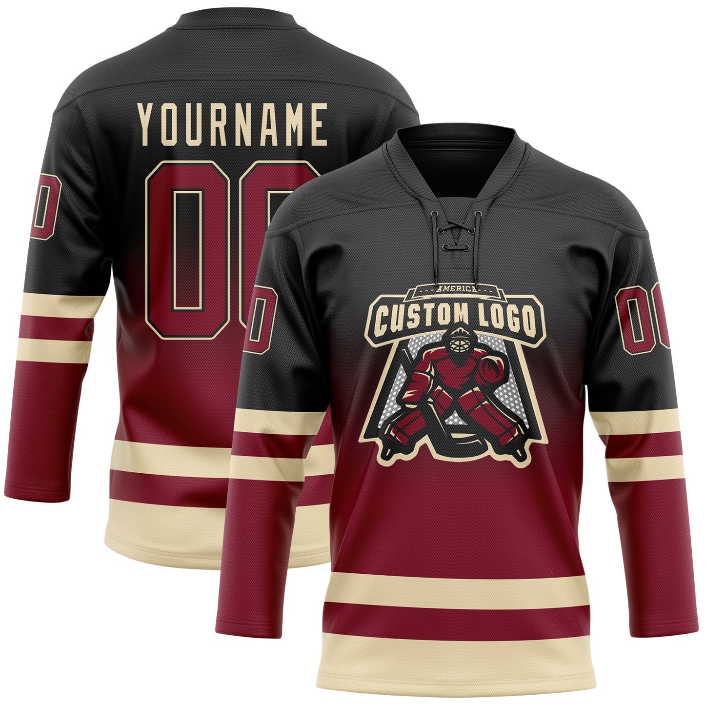 Custom Black Crimson-Cream Fade Fashion Hockey Lace Neck Jersey view 2