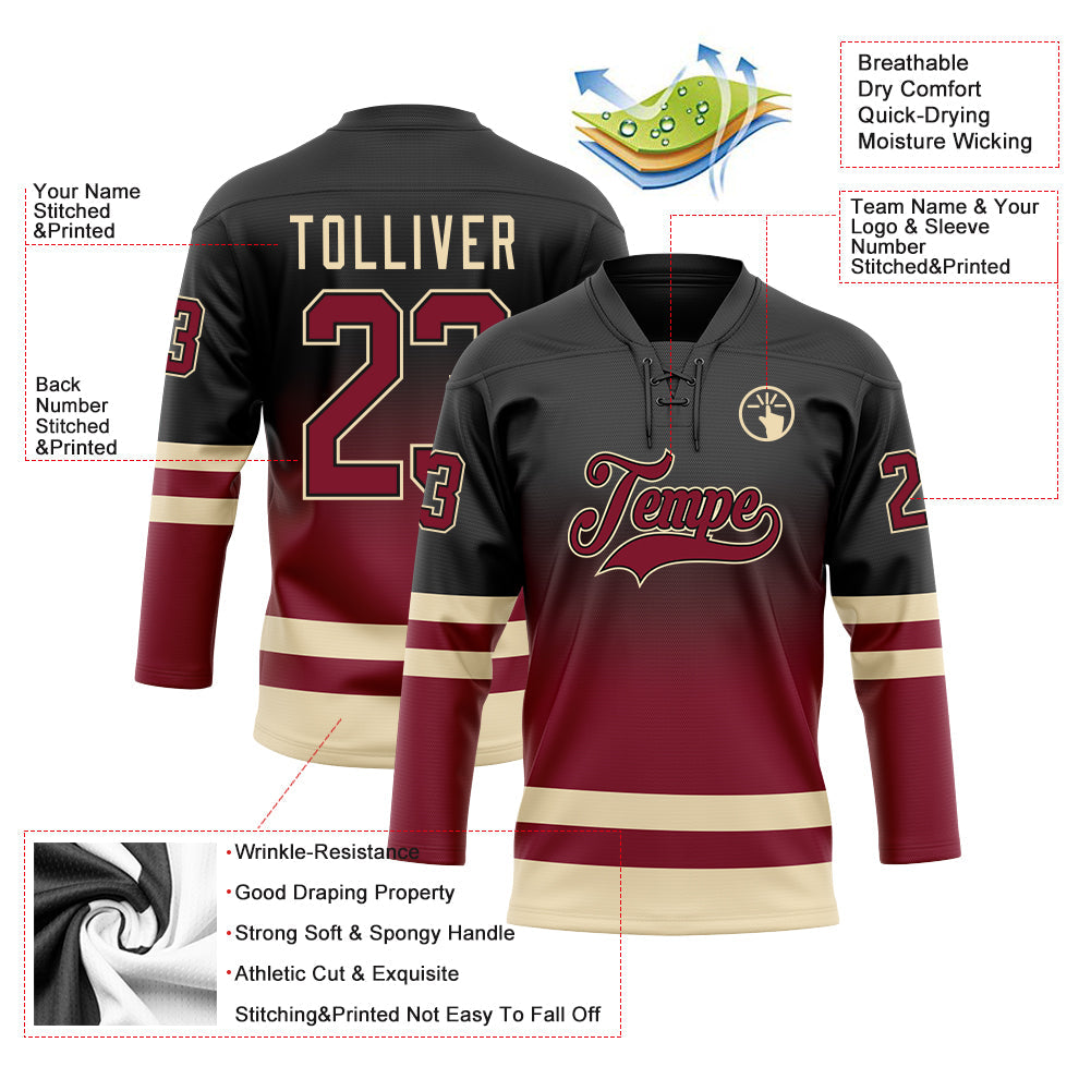 Custom Black Crimson-Cream Fade Fashion Hockey Lace Neck Jersey view 5