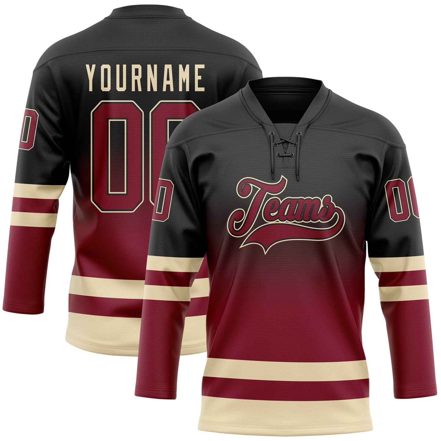Custom Black Crimson-Cream Fade Fashion Hockey Lace Neck Jersey - Main View