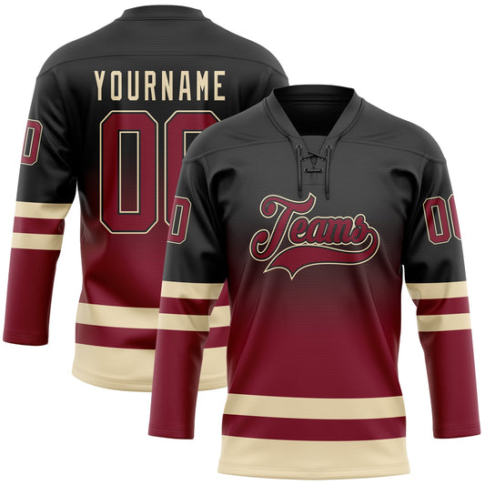 Custom Black Crimson-Cream Fade Fashion Hockey Lace Neck Jersey - Main View