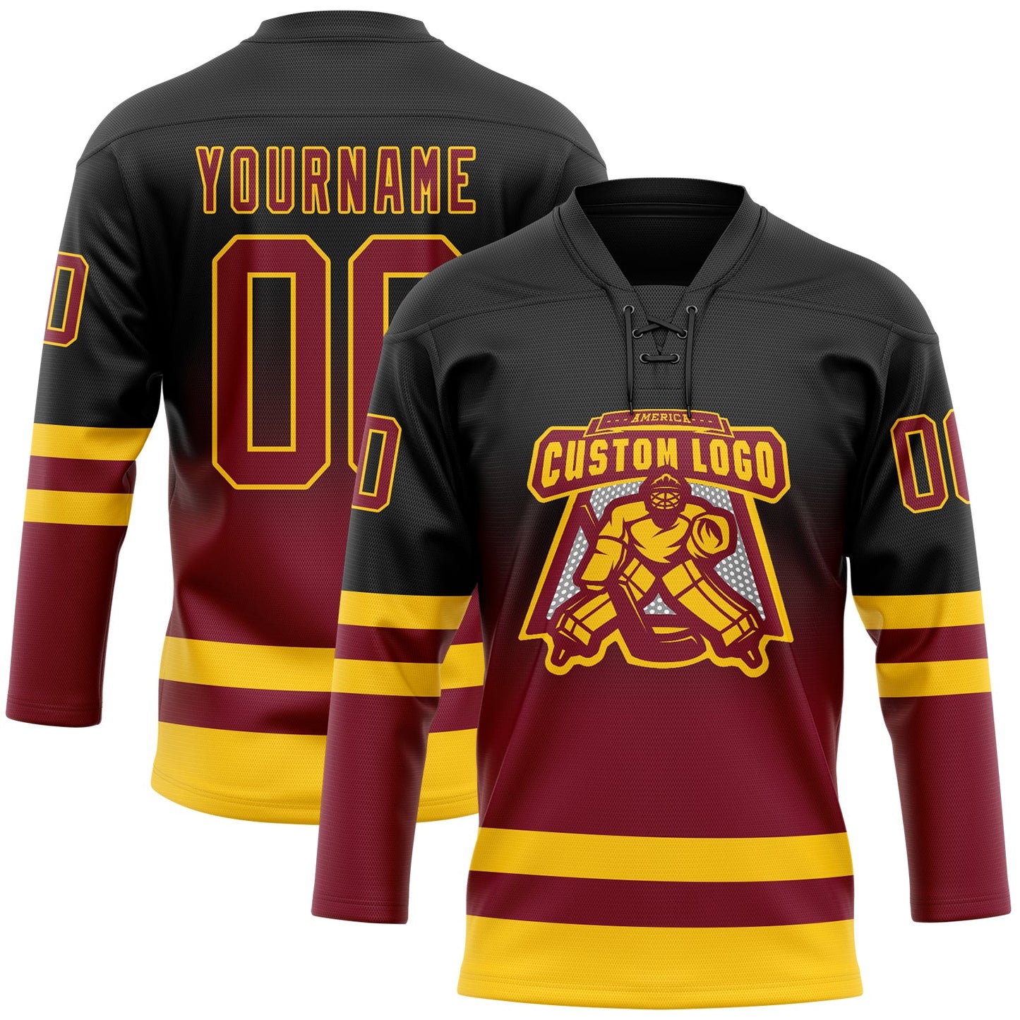 Custom Black Crimson-Yellow Fade Fashion Hockey Lace Neck Jersey view 2