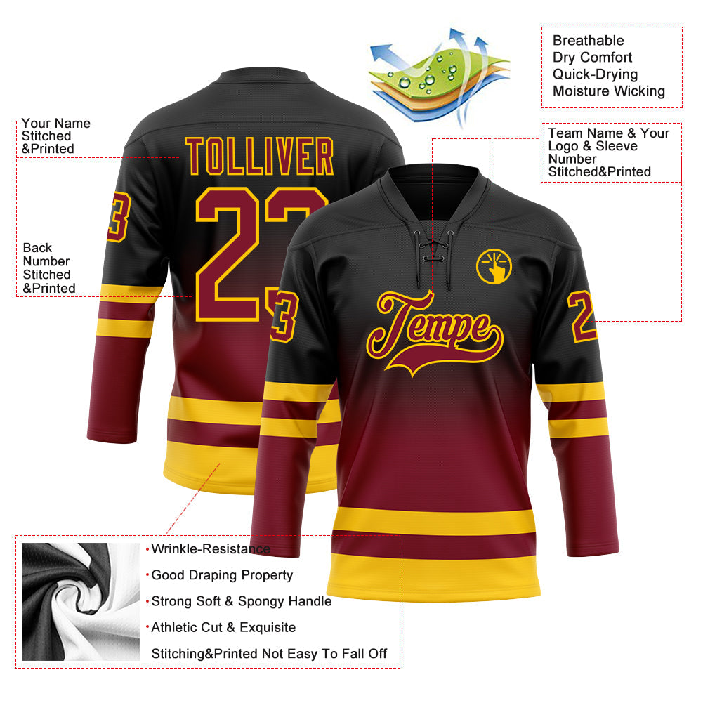 Custom Black Crimson-Yellow Fade Fashion Hockey Lace Neck Jersey view 5