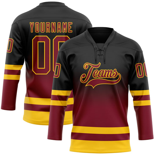 Custom Black Crimson-Yellow Fade Fashion Hockey Lace Neck Jersey - Main View