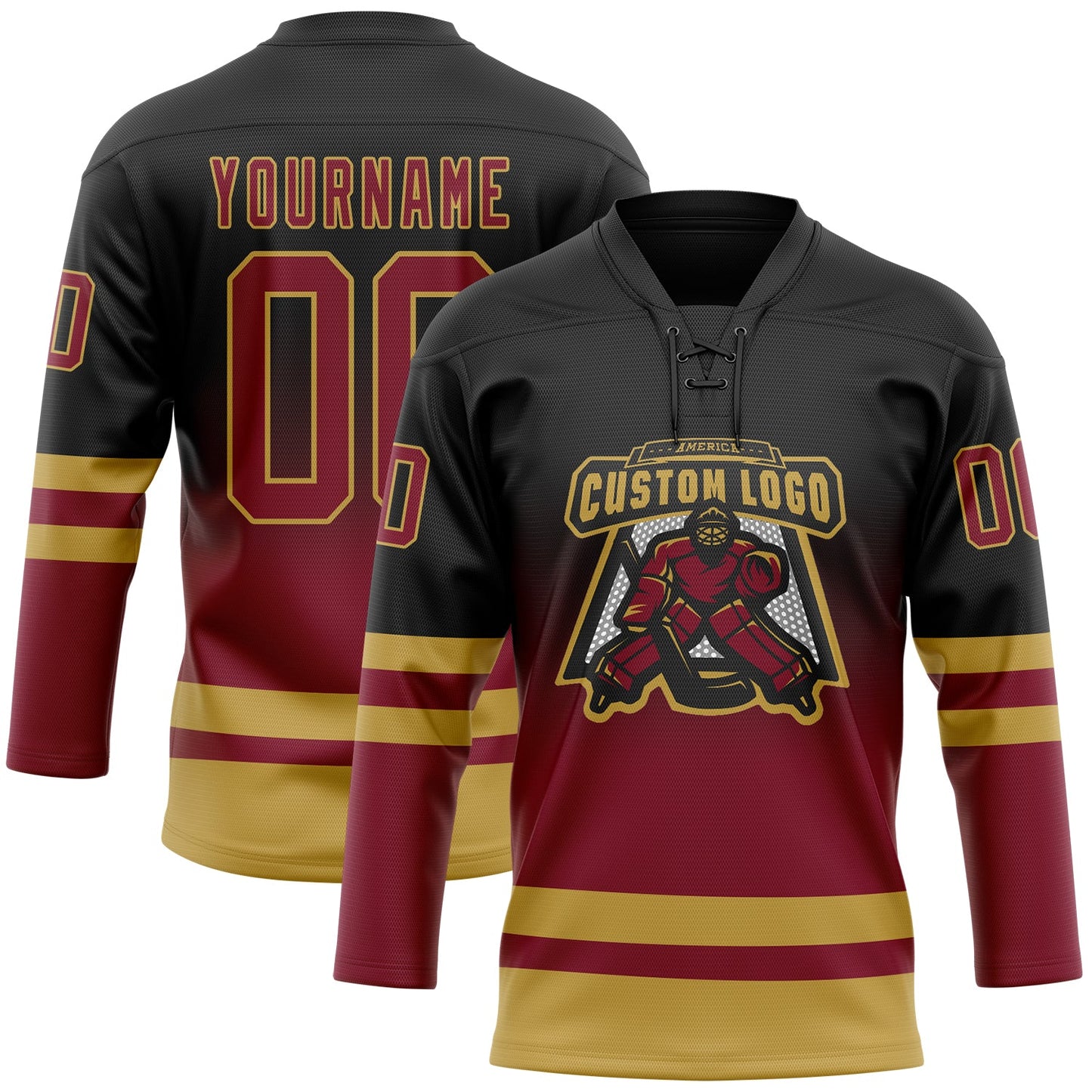 Custom Black Crimson-Old Gold Fade Fashion Hockey Lace Neck Jersey view 2