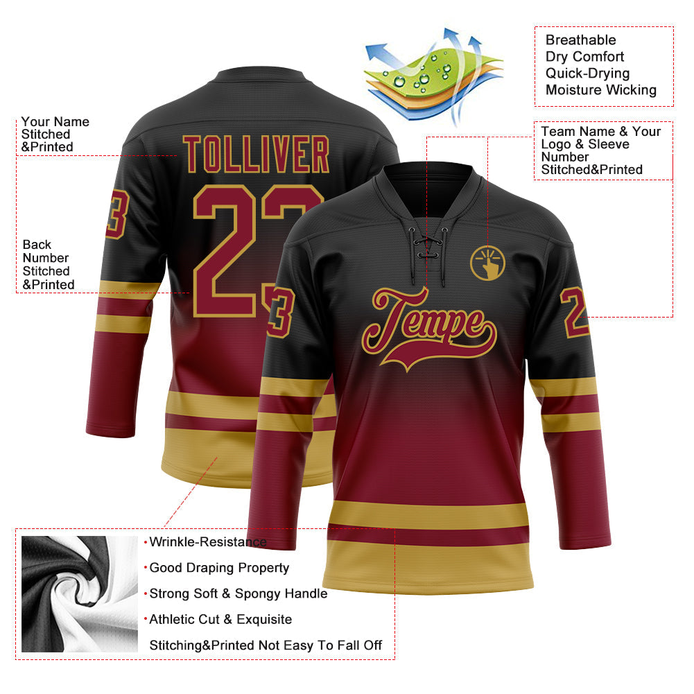 Custom Black Crimson-Old Gold Fade Fashion Hockey Lace Neck Jersey view 5