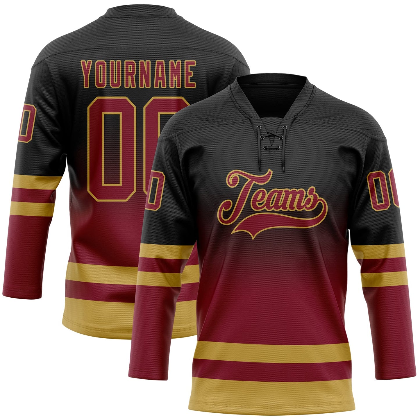 Custom Black Crimson-Old Gold Fade Fashion Hockey Lace Neck Jersey - Main View