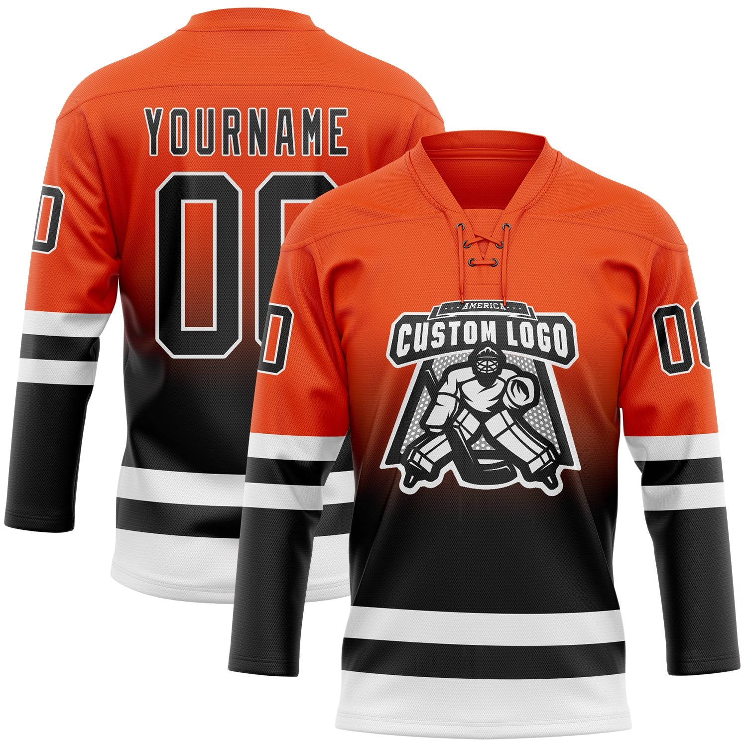 Custom Orange Black-White Fade Fashion Hockey Lace Neck Jersey view 2
