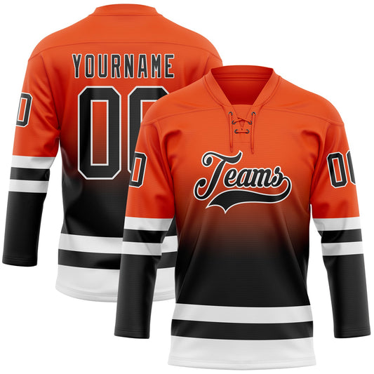 Custom Orange Black-White Fade Fashion Hockey Lace Neck Jersey - Main View