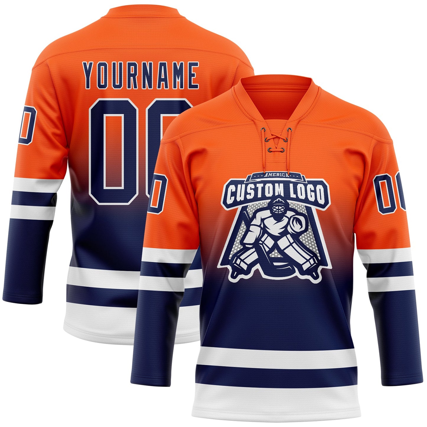 Custom Orange Navy-White Fade Fashion Hockey Lace Neck Jersey view 2