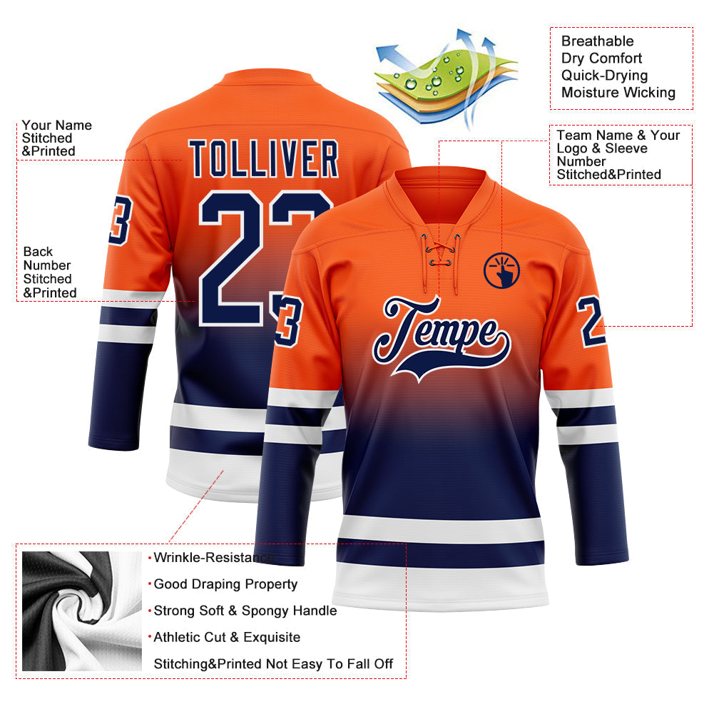 Custom Orange Navy-White Fade Fashion Hockey Lace Neck Jersey view 5