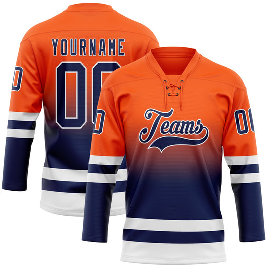 Custom Orange Navy-White Fade Fashion Hockey Lace Neck Jersey - Main View
