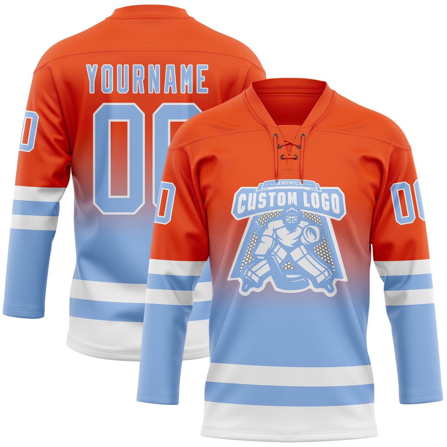 Custom Orange Light Blue-White Fade Fashion Hockey Lace Neck Jersey view 2