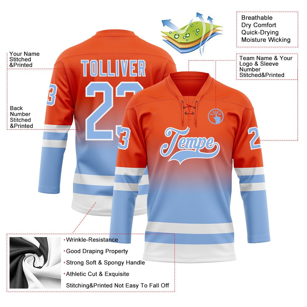 Custom Orange Light Blue-White Fade Fashion Hockey Lace Neck Jersey view 5