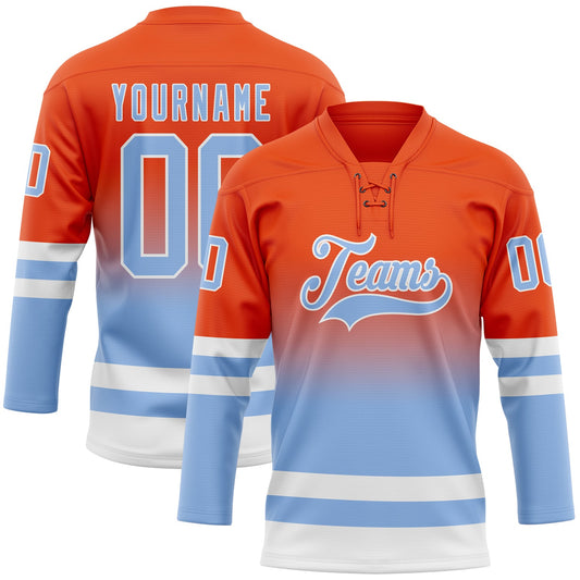 Custom Orange Light Blue-White Fade Fashion Hockey Lace Neck Jersey - Main View