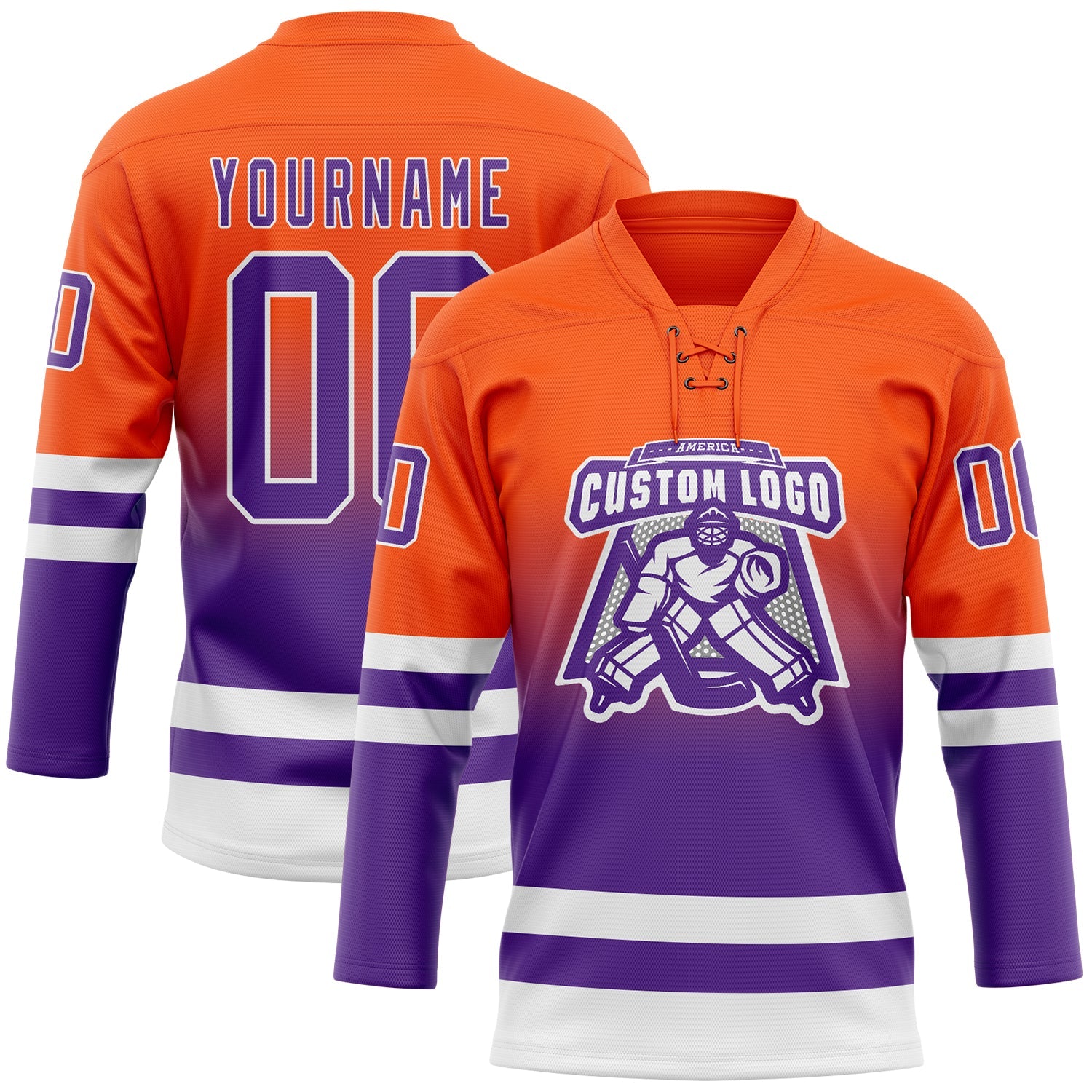 Custom Orange Purple-White Fade Fashion Hockey Lace Neck Jersey view 2