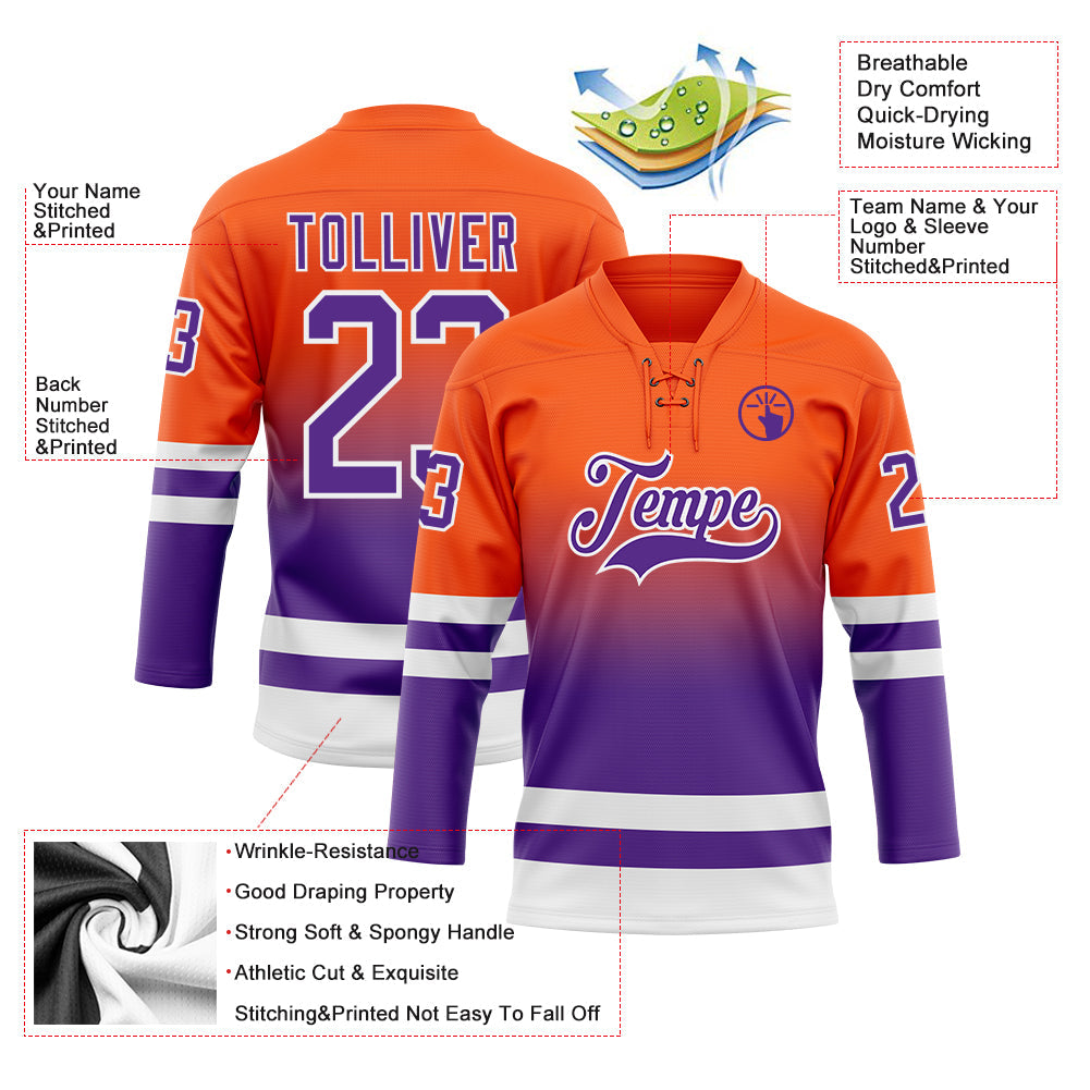 Custom Orange Purple-White Fade Fashion Hockey Lace Neck Jersey view 5