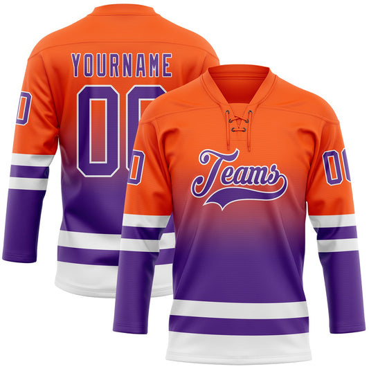 Custom Orange Purple-White Fade Fashion Hockey Lace Neck Jersey - Main View