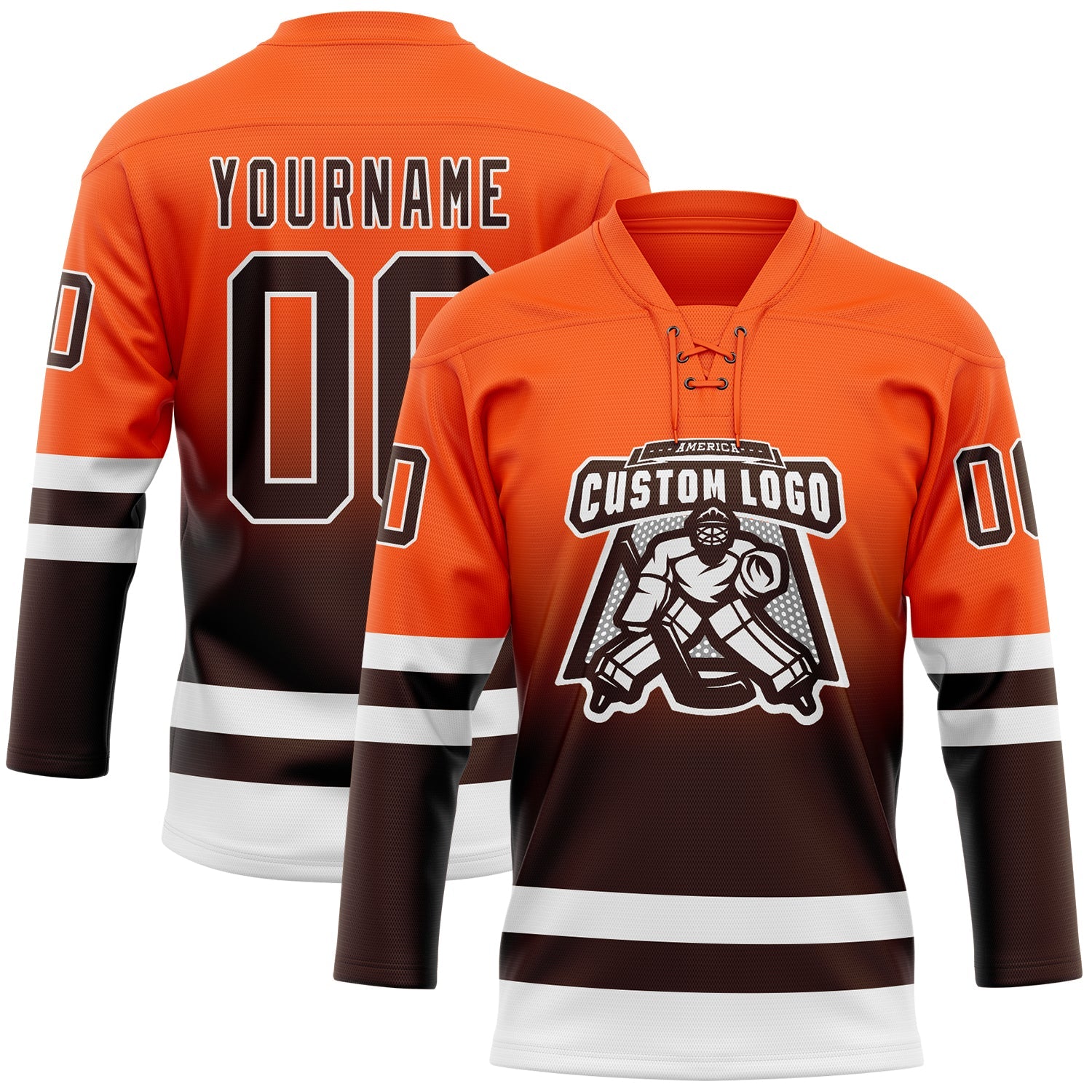 Custom Orange Brown-White Fade Fashion Hockey Lace Neck Jersey view 2
