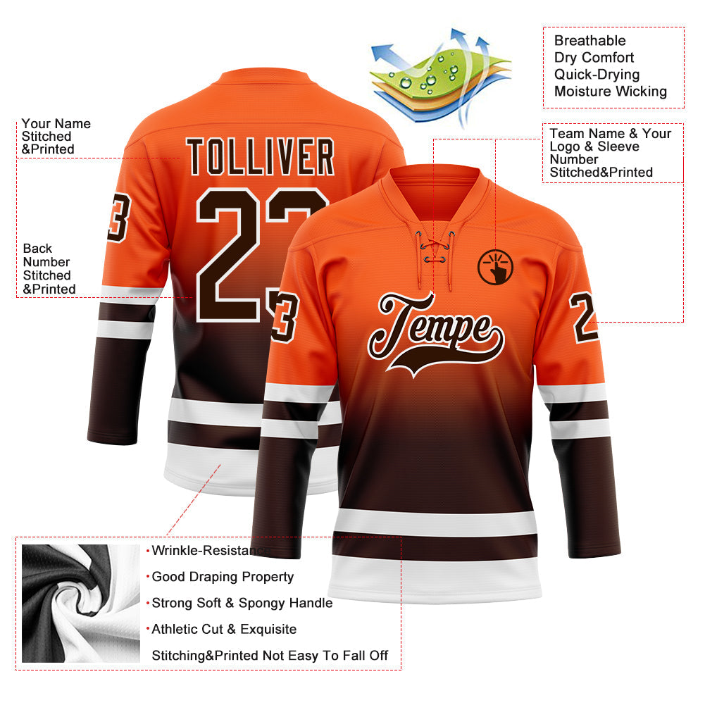 Custom Orange Brown-White Fade Fashion Hockey Lace Neck Jersey view 5