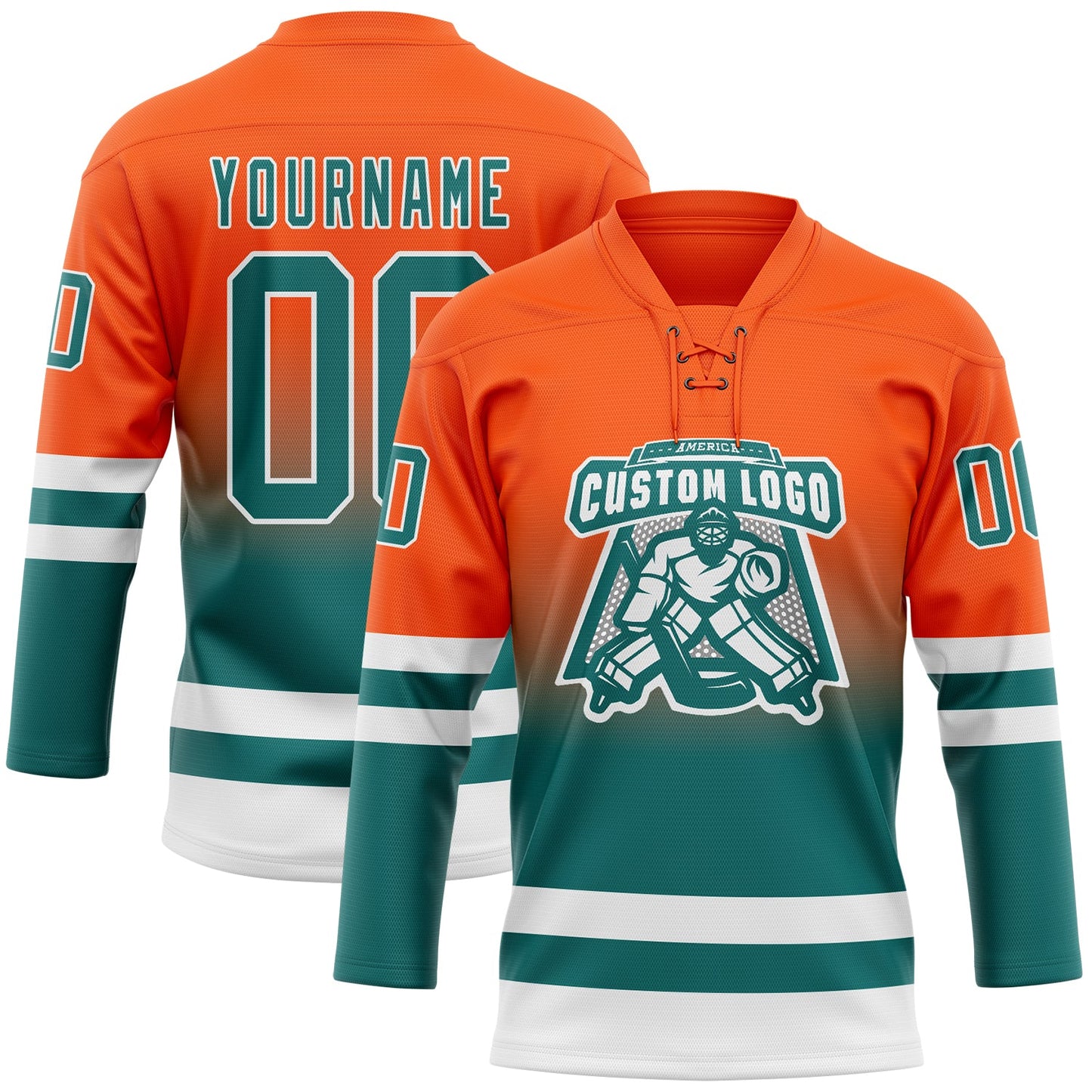 Custom Orange Teal-White Fade Fashion Hockey Lace Neck Jersey view 2