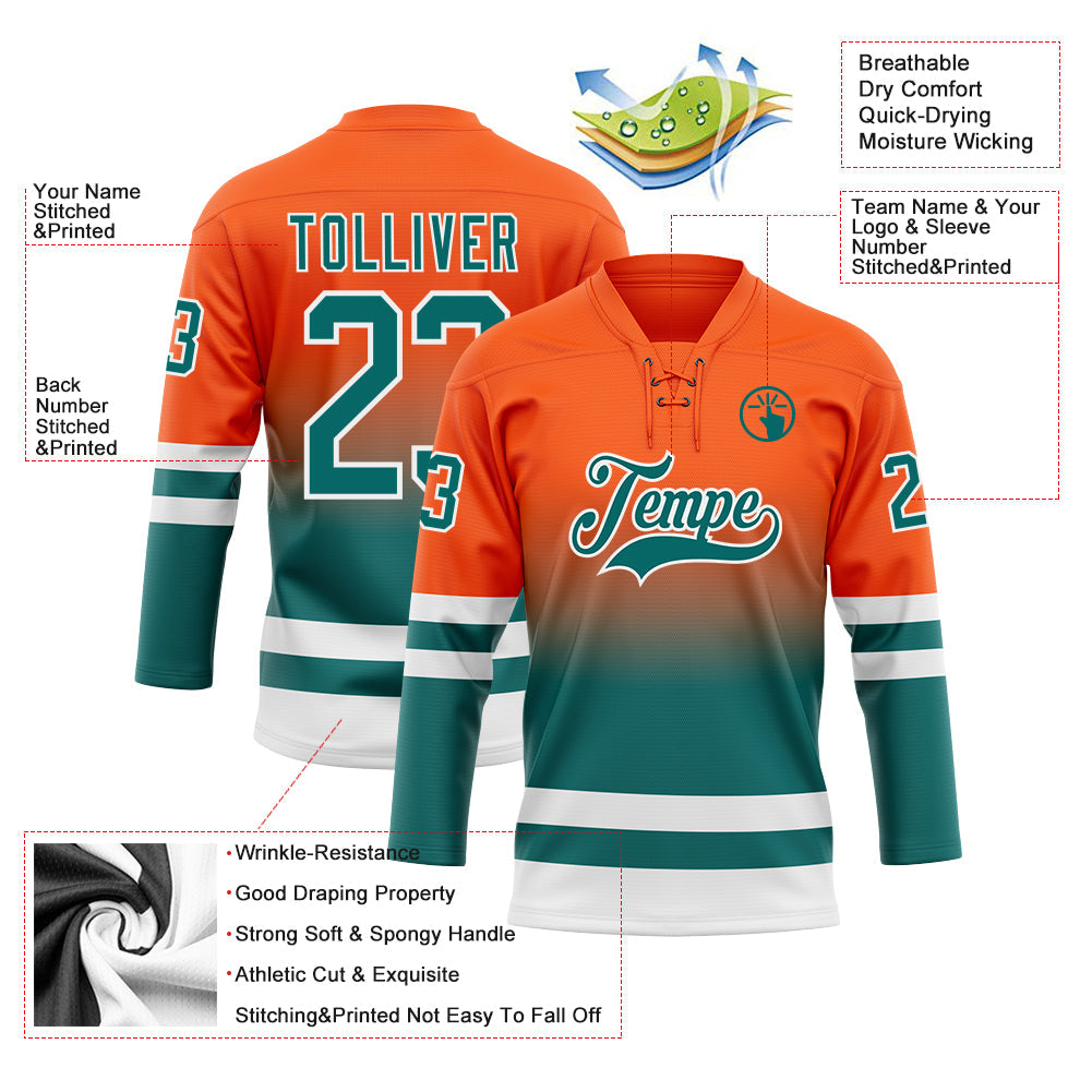 Custom Orange Teal-White Fade Fashion Hockey Lace Neck Jersey view 5